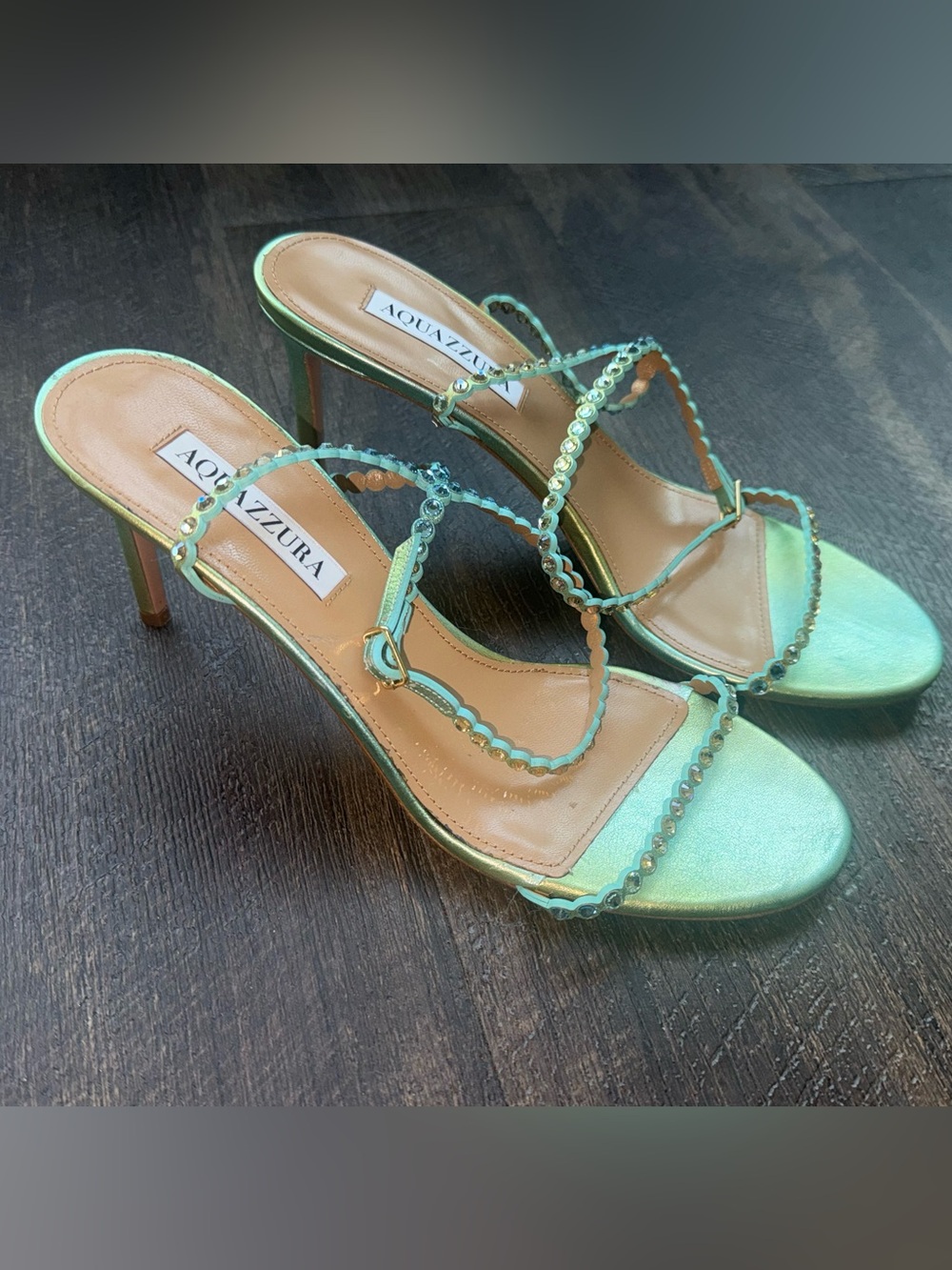Aquazzura Metallic Mint Green Scalloped Strap Heels 39